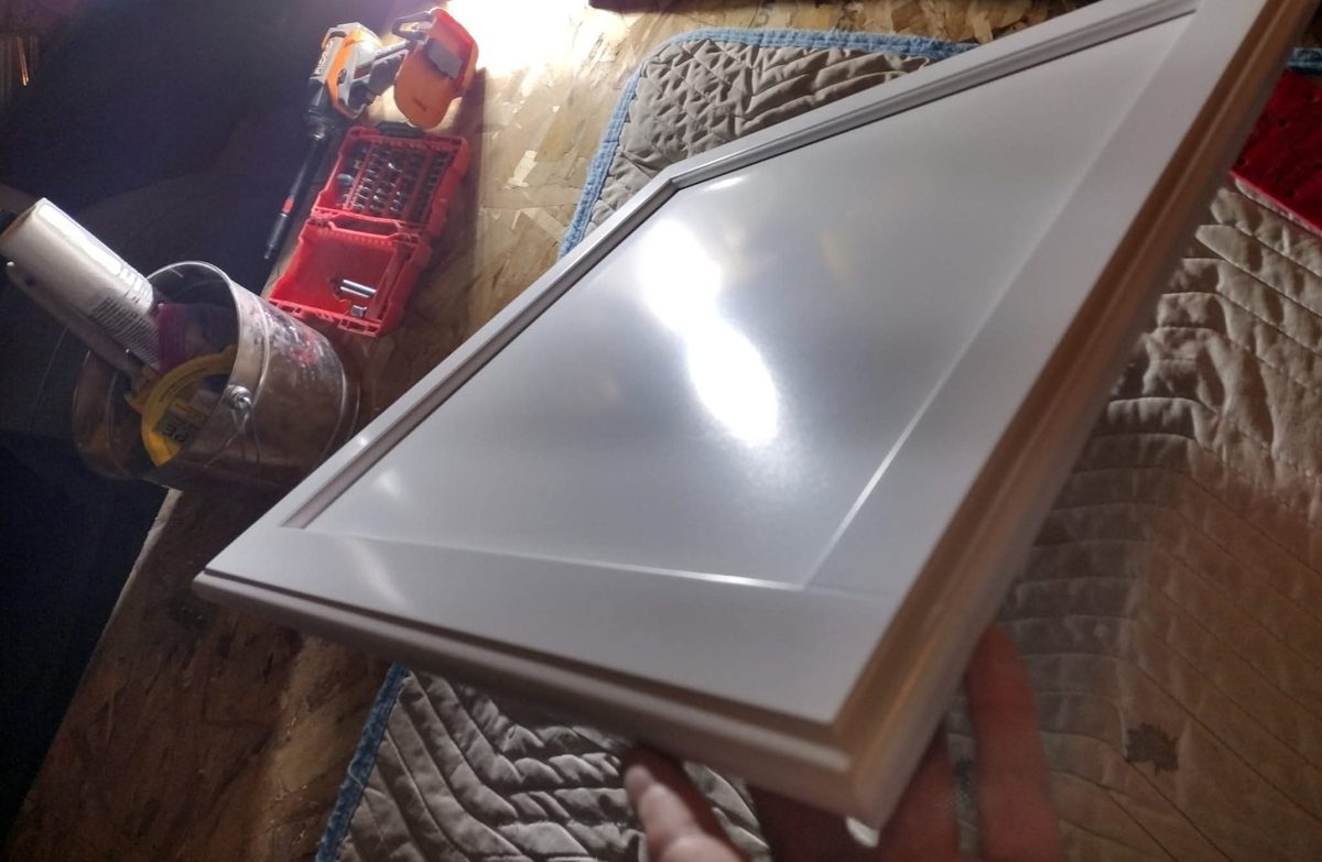 Freshly sprayed cabinet door in the shop