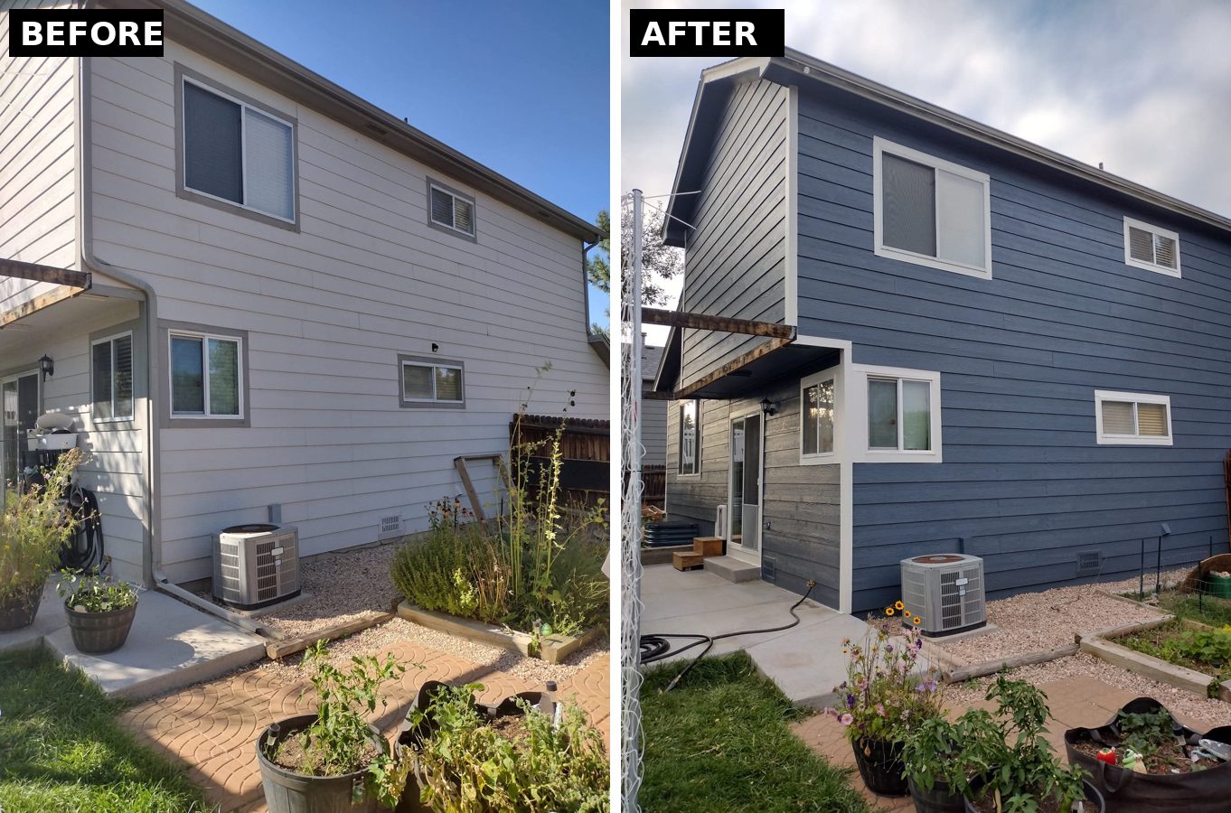 Before and after: gray siding repainted blue by Rock's Finest Finishes