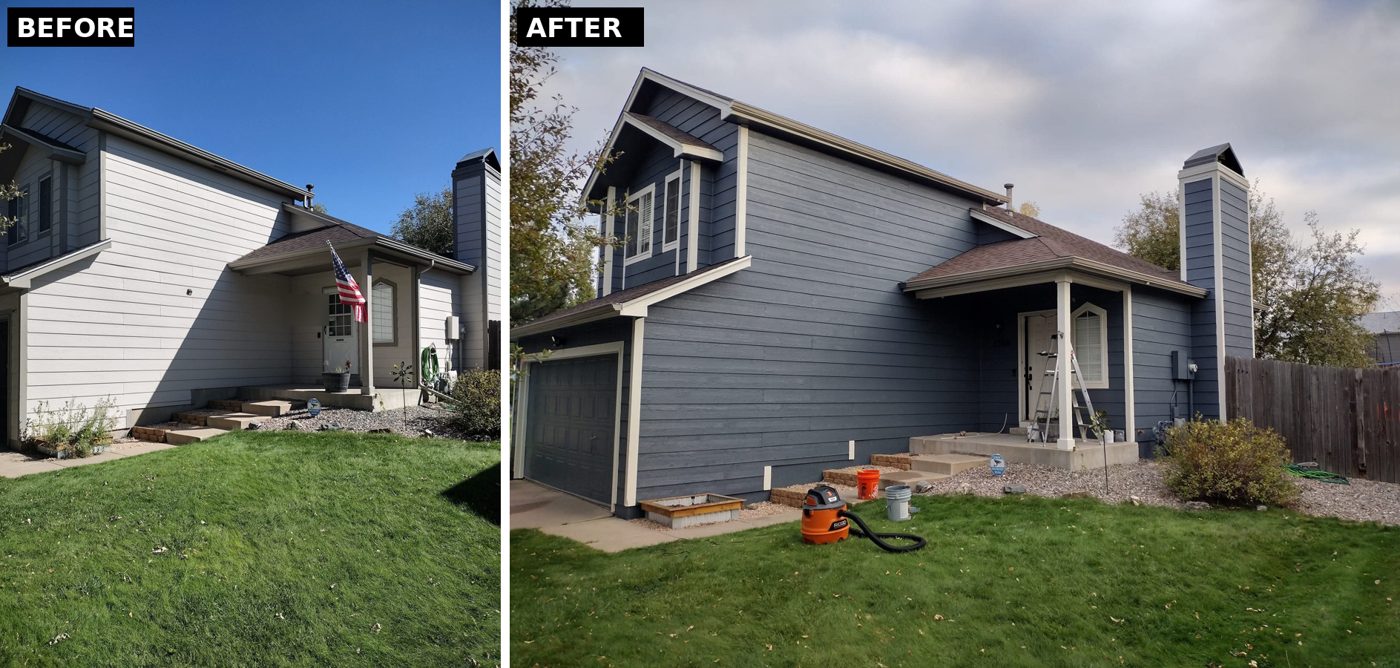 Before and after: beige house front repainted blue by Rock's Finest Finishes