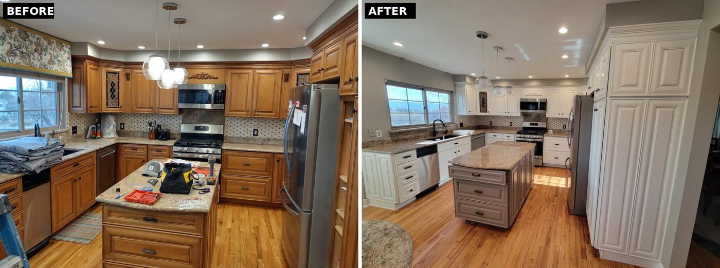 Before and after: oak kitchen refinished with white uppers and a gray island by Rock's Finest Finishes